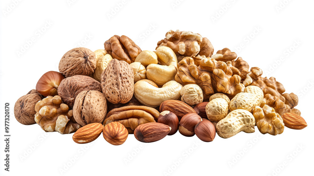 Assorted nuts including almonds, walnuts, and cashews arranged on a white background Assorted nuts including almonds, walnuts, and cashews arranged on a white background