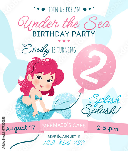 Mermaid birthday party invitation card. Vertical template with a mermaid princess and balloon with number 2 for a kids' party. Happy birthday and underwater concept. Celebrating a second anniversary.