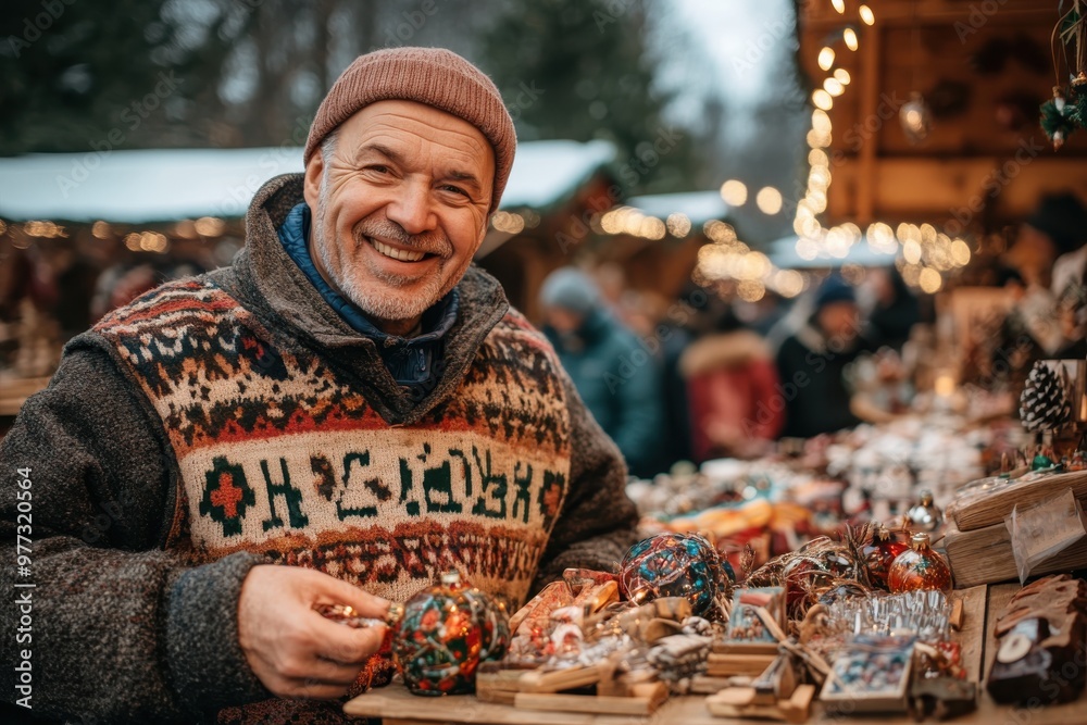 © Milos - An elderly man in a festive sweater smiles warmly as he peruses a Christmas market filled with handcrafted ornaments, surrounded by twinkling lights and holiday cheer. © Milos - An elderly man in a festive sweater smiles warmly as he peruses a Christmas market filled with handcrafted ornaments, surrounded by twinkling lights and holiday cheer.