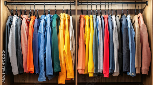 Colorful wardrobe with diverse collection of shirts and sweaters neatly organized on hangers in a wooden closet, displaying various colors and textures.