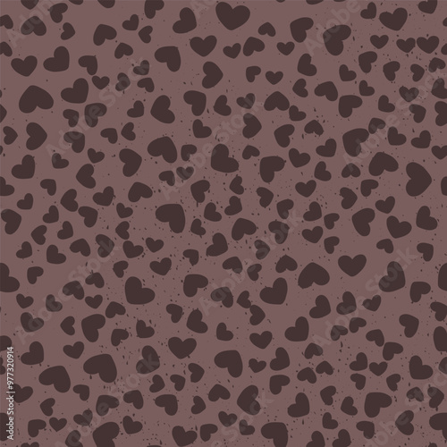 Seamless pattern with ditsy brown hearts and grunge texture. Romantic repeat background.