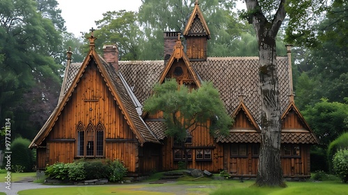 Traditional Scandinavian wooden stave church: A traditional Scandinavian stave church stands proudly, its wooden walls and steeply pitched roof embodying the rich heritage of Nordic craftsmanship. 