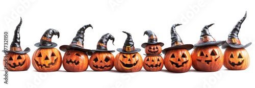 Set of scary Jack O Lantern Halloween pumpkins with witch hats on transparent background cutout. PNG file. Funny and spooky carved pumpkin.