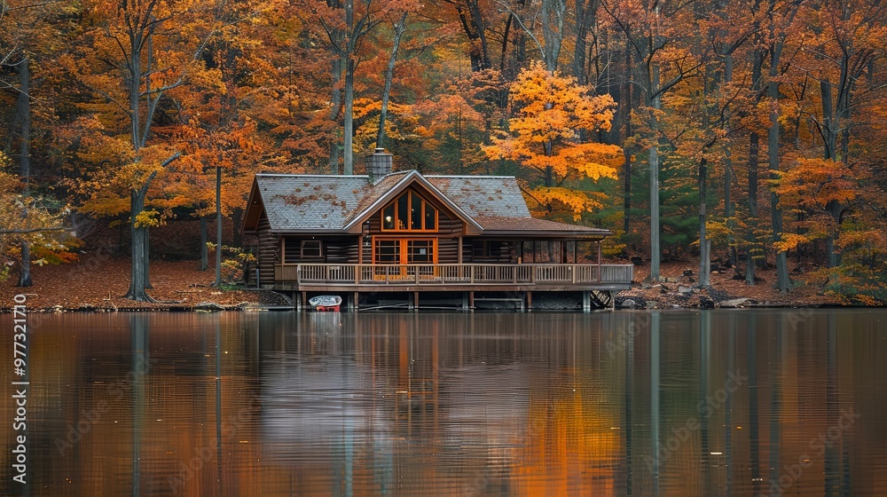 A beautiful cabin overlooking a calm lake surrounded by colorful fall trees, with reflections enhancing the peaceful and serene atmosphere of this scenic landscape. A beautiful cabin overlooking a calm lake surrounded by colorful fall trees, with reflections enhancing the peaceful and serene atmosphere of this scenic landscape.