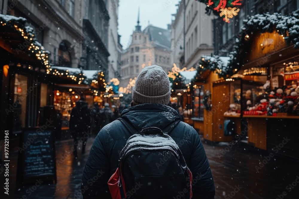 A man with a backpack walks through a snow-covered, festive holiday market street, surrounded by twinkling lights and holiday decor in an urban setting. A man with a backpack walks through a snow-covered, festive holiday market street, surrounded by twinkling lights and holiday decor in an urban setting.