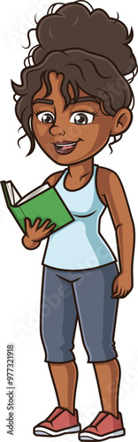 Cartoon african american woman reading book vector illustration