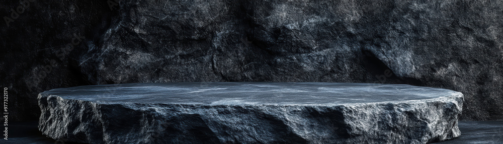 Dark stone platform against textured rock wall, perfect for showcasing products, presentations, and design elements in a dramatic setting. Dark stone platform against textured rock wall, perfect for showcasing products, presentations, and design elements in a dramatic setting.