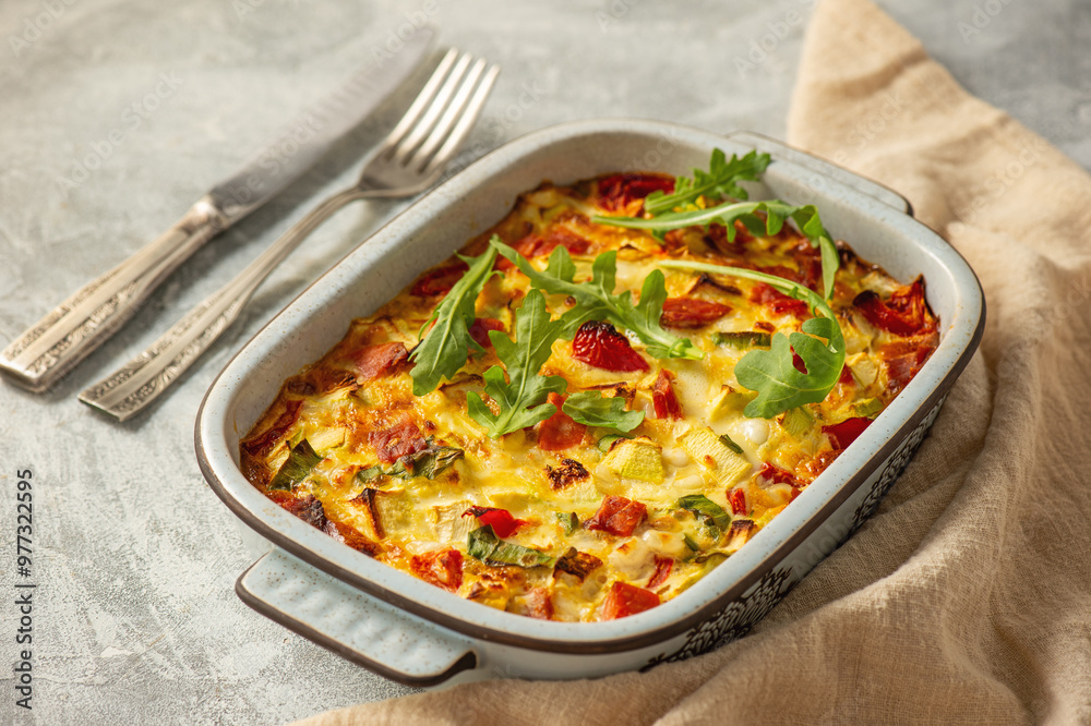 Casserole with zucchini, cheese, eggs, tomatoes, green onions and salmon pieces. Keto. Casserole with zucchini, cheese, eggs, tomatoes, green onions and salmon pieces. Keto.
