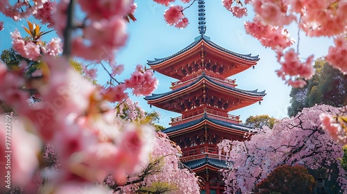 Traditional Japanese pagoda in cherry blossom garden: A serene pagoda rises amidst a sea of blooming cherry blossoms, embodying the timeless elegance and harmony of traditional Japanese architecture.  photo