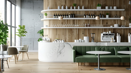 Light brown cafe interior, many brown chairs and white tables, wooden wall with lamps and bar counter ,Modern bar interior with counter and wooden stool in row, light concrete floor. Shelf with dishes