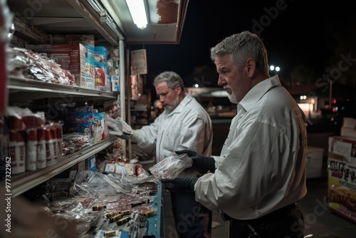 Wallpaper Mural Two men wearing work uniforms methodically inspect food supply packages on a stocked shelf under artificial lighting during nighttime, highlighting logistics management. Torontodigital.ca
