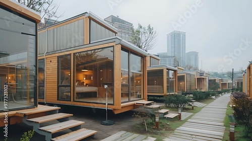 Tiny house community, minimalist living movement: A cluster of tiny houses forms a close-knit community, each home exemplifying the minimalist living movement with its efficient, compact design. 