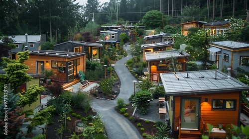 Tiny house community, minimalist living movement: A cluster of tiny houses forms a close-knit community, each home exemplifying the minimalist living movement with its efficient, compact design. 