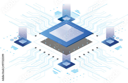Fototapeta Naklejka Na Ścianę i Meble -  Electrical Network, Printed Circuit., blue circuit board with processor technology .printed circuit board.Electronic Circuit Board with.Technological industrial.Engineering, 	