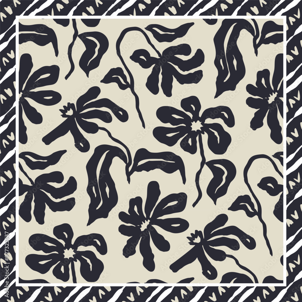 Monochrome black and white brush strokes inky flowers scarf or bandana design. Abstract floral contemporary background.