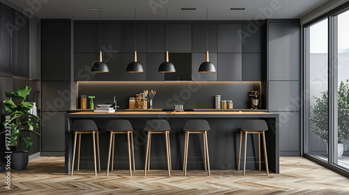 Dark kitchen interior with black walls, wooden floor, black countertops and bar with stools ,A kitchen with a wooden table and black cabinets