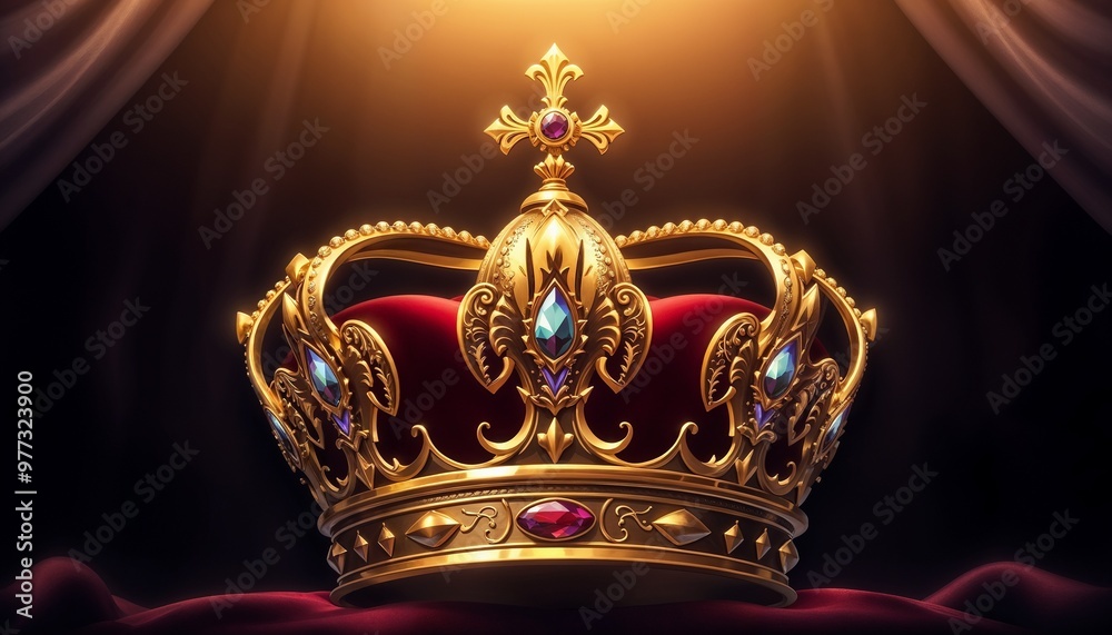 Royal golden crown on red velvet background with luxurious details shining brightly Royal golden crown on red velvet background with luxurious details shining brightly