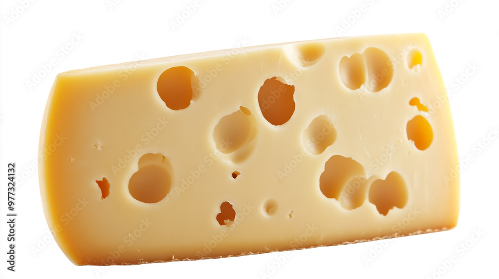 A wedge of Swiss cheese showcasing its distinctive holes and creamy texture on a plain background A wedge of Swiss cheese showcasing its distinctive holes and creamy texture on a plain background
