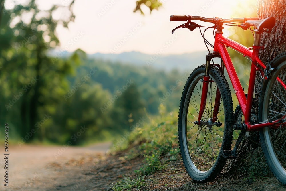 Fototapeta premium A bicycle leaning against a tree, representing physical activity as a key component in preventing cancer cancer prevention lifestyle