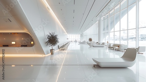 Sleek minimalist airport terminal, all white interior: A modern airport terminal features a minimalist design, its all-white interior offering a clean, calming space for travelers amid the bustle  photo