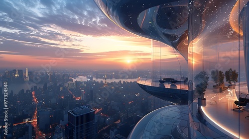 Rotating skyscraper with dynamic moving floors: A futuristic skyscraper features rotating floors that offer panoramic views of the cityscape, its dynamic design constantly reshaping the skyline.  photo