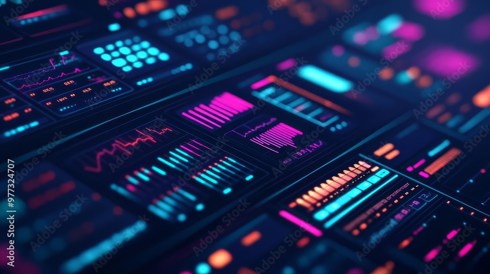 Holographic UI tool dashboard, dynamic neon interfaces, modern tech studio Holographic UI tool dashboard, dynamic neon interfaces, modern tech studio