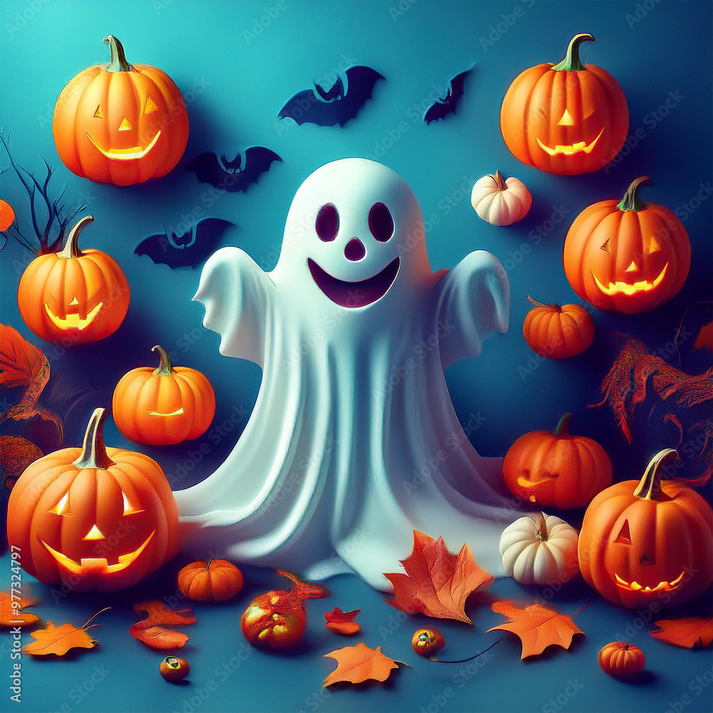 Decoração de Halloween, abóboras e decorações assustadoras em fundo azul. Square format. Formato quadrado para Instagram. Decoração de Halloween, abóboras e decorações assustadoras em fundo azul. Square format. Formato quadrado para Instagram.