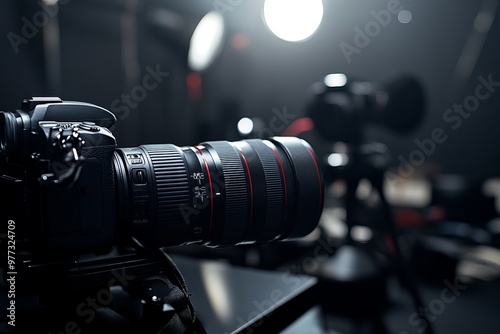 Professional camera equipment on a sleek black table, dramatic lighting, photography concept, high-quality and modern