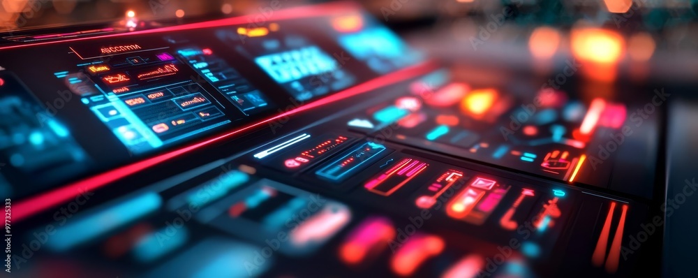 Interactive real-time UI editors, neon holographic displays, advanced tech space Interactive real-time UI editors, neon holographic displays, advanced tech space
