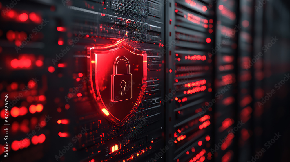 Fototapeta premium Digital security shield with a padlock glowing red in a data server room, representing cybersecurity and data protection.