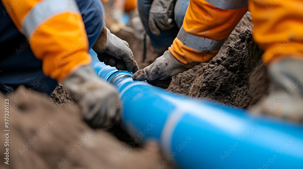 Construction Workers Installing Underground Blue Pipe | Infrastructure Development and Utility Installation Construction Workers Installing Underground Blue Pipe | Infrastructure Development and Utility Installation