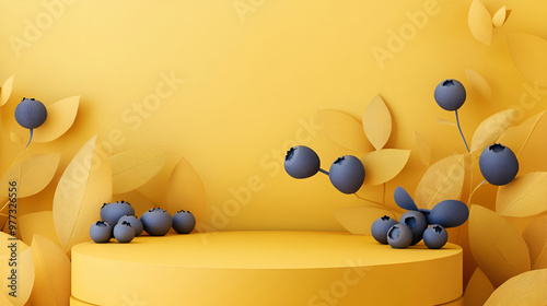 lueberries with leaves laid out as a pattern on a bright podium yellow background Flat lay with fresh blueberry on yellow background and yellow podium 