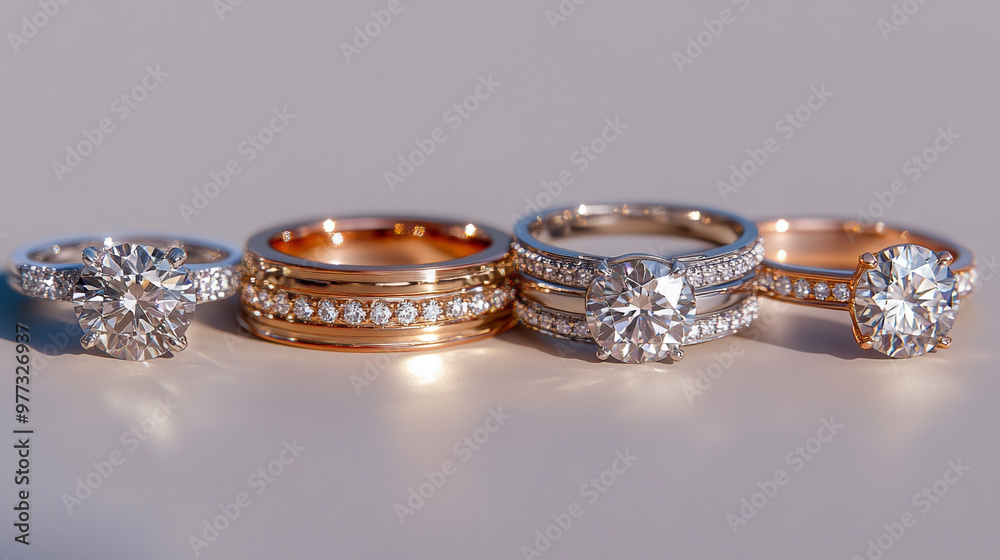 A selection of beautifully crafted diamond rings featuring different metals and styles A selection of beautifully crafted diamond rings featuring different metals and styles
