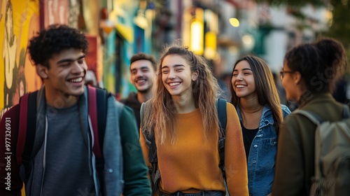 A diverse group of friends strolls a bustling city street, laughing in the warm glow of sunset.