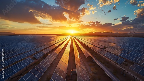 Massive solar power plant, mirrors reflecting sunlight: A vast solar power plant stretches across the desert, its countless mirrors reflecting sunlight onto towering collectors, harnessing renewable  photo