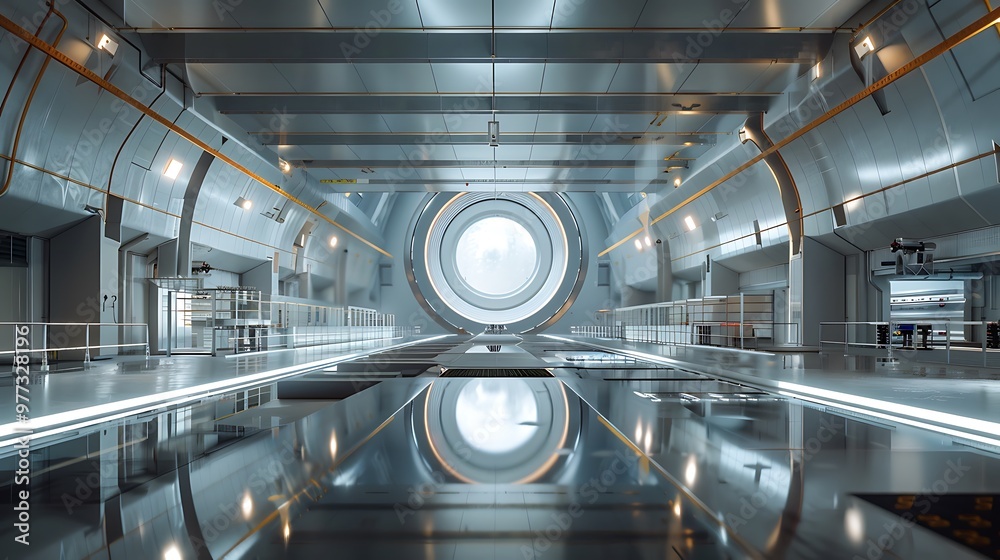 Massive particle accelerator facility, scientific architecture: A colossal particle accelerator facility features vast circular structures and high-tech laboratories, designed for cutting-edge Massive particle accelerator facility, scientific architecture: A colossal particle accelerator facility features vast circular structures and high-tech laboratories, designed for cutting-edge
