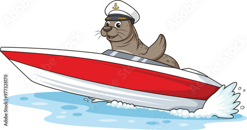 Cartoon sea lion on speed boat vector illustration