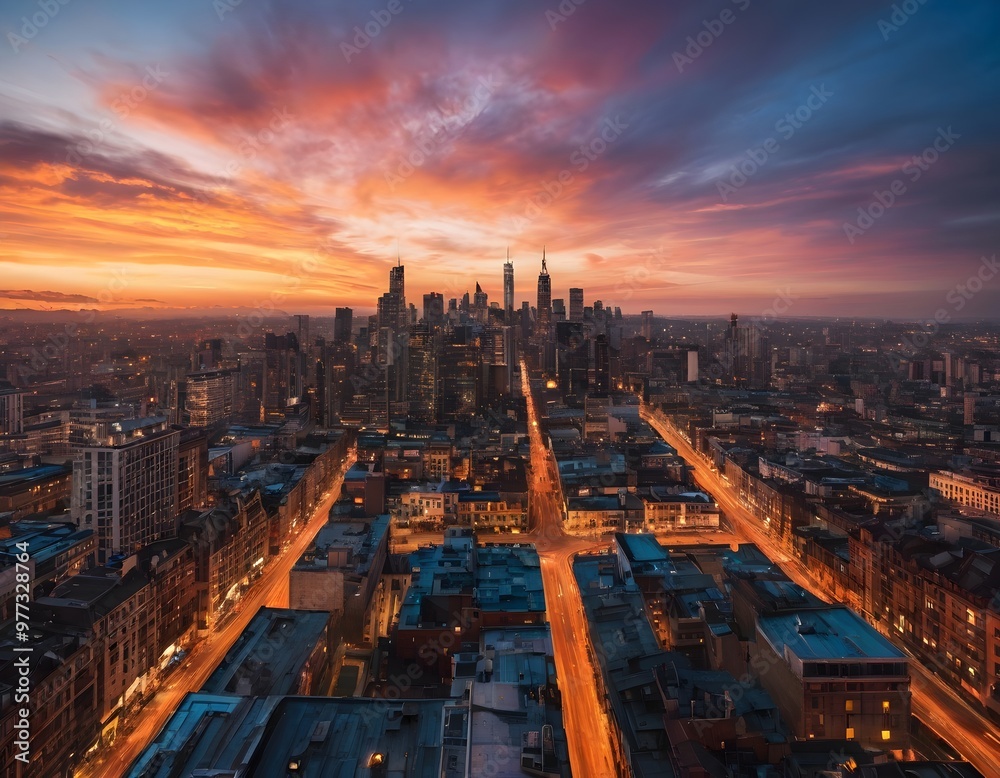 Obraz premium Aerial Cityscape with Sunset