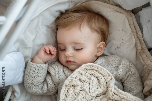 A baby sleeps soundly ensconced in a handmade knitted blanket, projecting warmth, safety, and contentment in a cozy setting. The scene radiates peace and innocence. photo