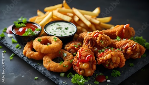 Mouthwatering fried chicken wings accompanied by crispy onion rings, golden fries, and an array of dipping sauces on a dark backdrop