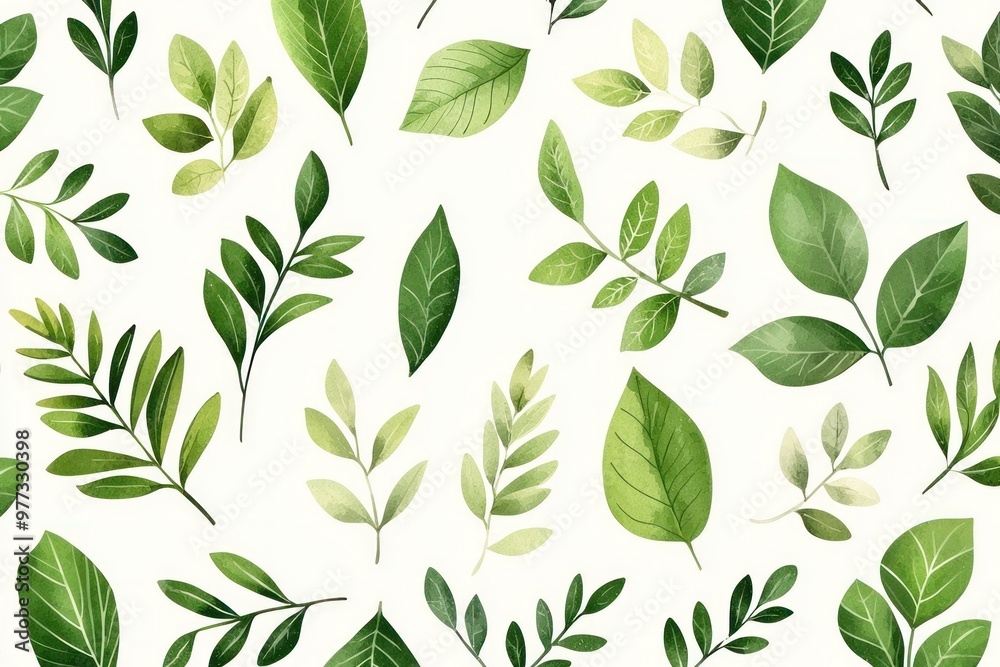 Seamless pattern with green leaves on a white background, vector illustration. No people, no humans, only plants, only foliage, no flowers. Watercolor painting with soft and delicate colors, detailed 