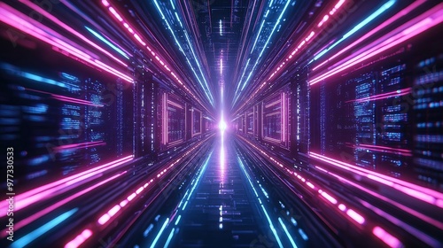 Fototapeta Naklejka Na Ścianę i Meble -  A neon light tunnel with a bright light at the end