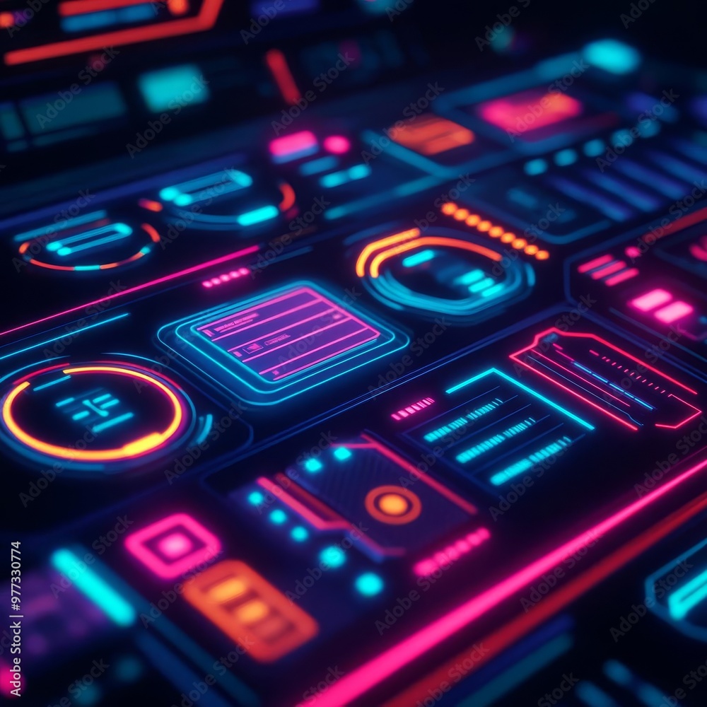 Real-time holographic UI updates, interactive screen elements, neon lighting Real-time holographic UI updates, interactive screen elements, neon lighting