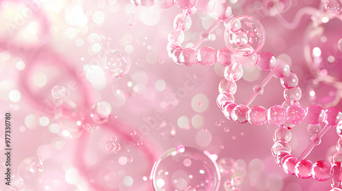 pink background with DNA helix and one large cell, glowing pink bubbles around the cells