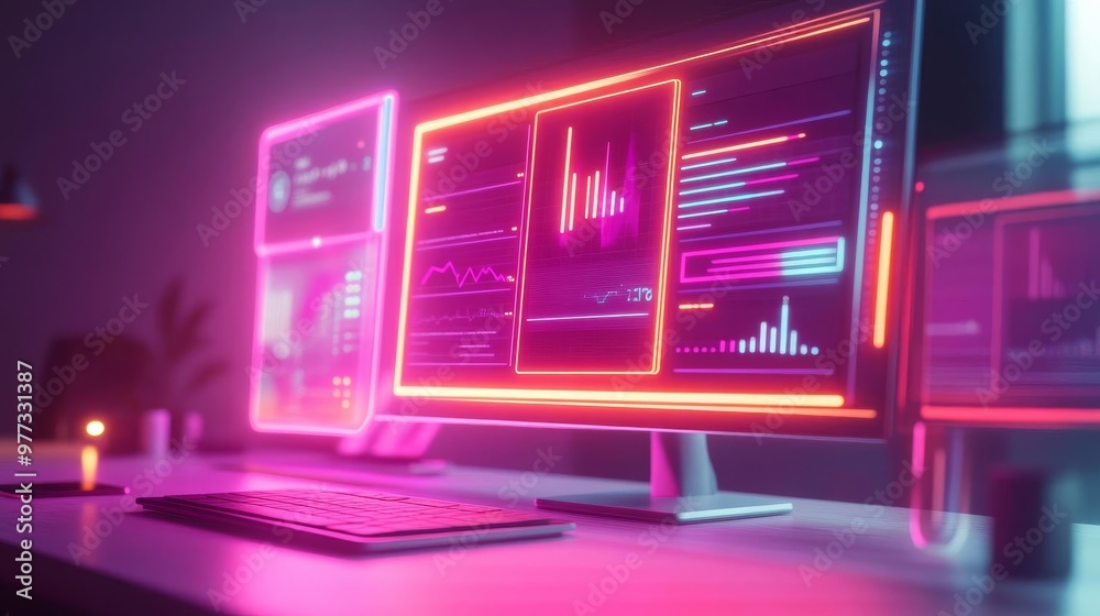 Obraz premium Real-time software UI preview tools, neon holograms, advanced design studio