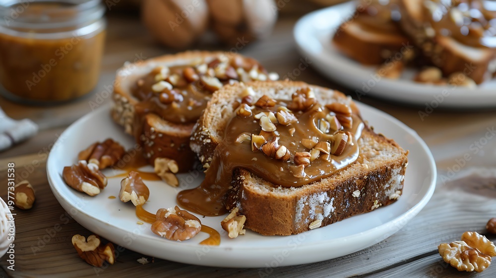 Toast with a lovely nuts sauce topper dessert topped with a lovely nut butter Toast with a lovely nuts sauce topper dessert topped with a lovely nut butter