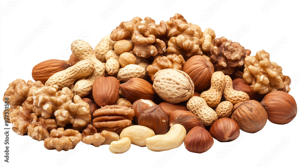 A diverse assortment of mixed nuts and seeds displayed on a white background for healthy snacking A diverse assortment of mixed nuts and seeds displayed on a white background for healthy snacking