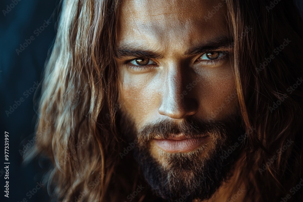 Jesus Christ, with brown hair and beard, in a medium shot, with a serious expression, wearing brown , in a movie poster style, cinematic, against a dark background, high-resolution photography, hyper- Jesus Christ, with brown hair and beard, in a medium shot, with a serious expression, wearing brown , in a movie poster style, cinematic, against a dark background, high-resolution photography, hyper-