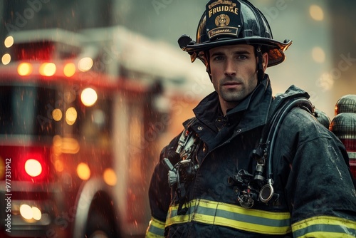 A confident firefighter stands strong in his gear. The fire truck is in the background, ready for action. This image captures bravery and dedication. Generative AI