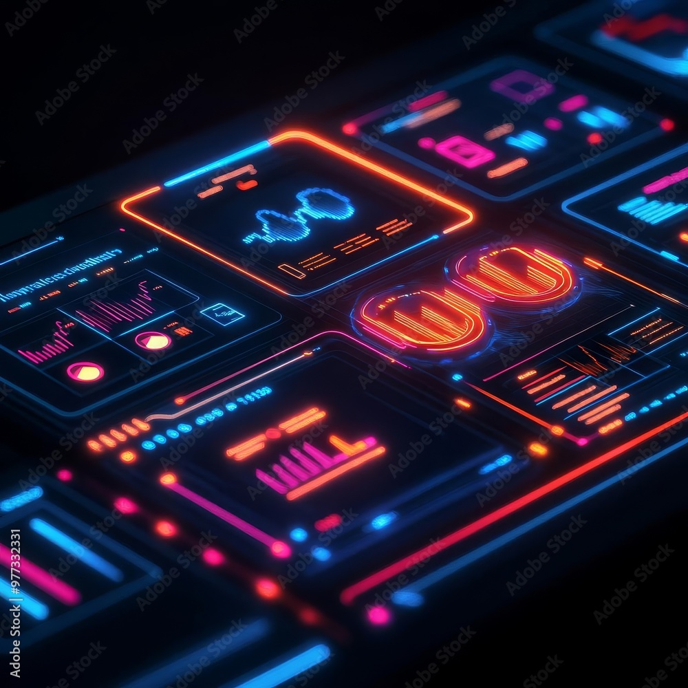 Software UI scalability platforms, neon data flows, holographic dashboard views Software UI scalability platforms, neon data flows, holographic dashboard views